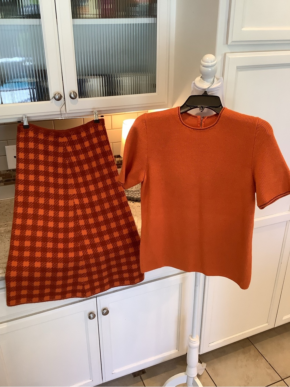Vintage Handmade Orange Knit Skirt Set - Checked Short Sleeve Sweater Small